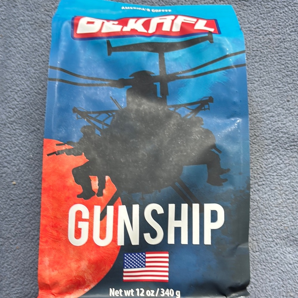 Gunship Decaf Coffee - Bold Blue and Red Packaging